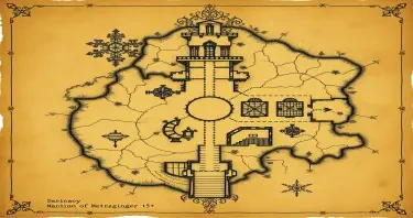 An ancient a weathered map of a gothic estate from the Metzinger family. The map should include secret doors, traps and secrets. The map should appear old, faded and hand drawn in a comic gothic style as if pages of an old journal. The map should be like that of a floor plan of the first floor of the mansion of estate.