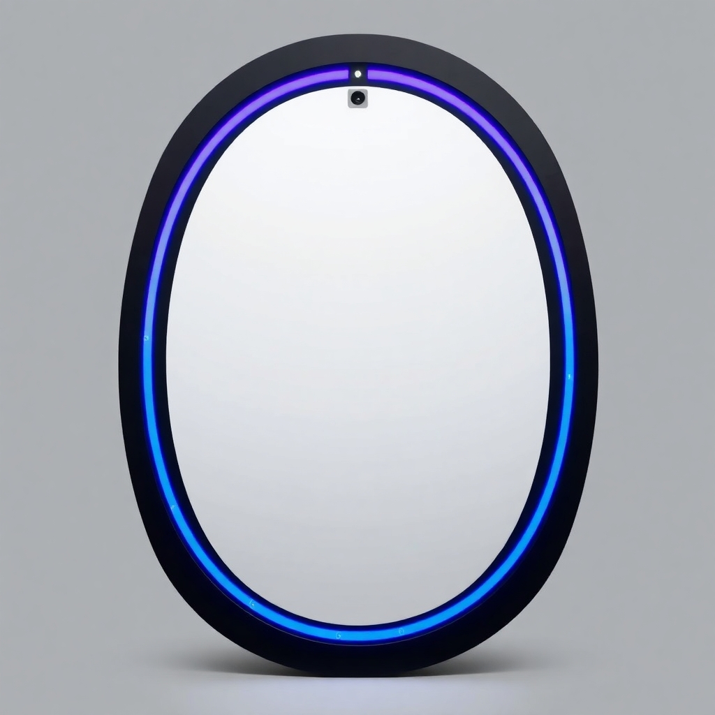 A tall, freestanding oval mirror unit measuring approximately 7 feet high and 3 feet wide, with a flawless, reflective surface. The mirror is framed in polished black onyx, matte in finish, with no visible seams. Two concentric LED-style rings encircle the mirror: the outer ring is electric blue and positioned just inside the frame, while the inner ring is violet and approximately 60% the diameter of the mirror. Between these rings, faint luminous markings and symbols suggest encoded information, softly pulsing. The top center of the unit houses a subtle projection module — a small inset lens that emits a faint vertical glow upward. The background is evenly lit in neutral gray to highlight the mirror without shadow. No human figure is present. The mirror stands in isolation as a sacred tech object.
