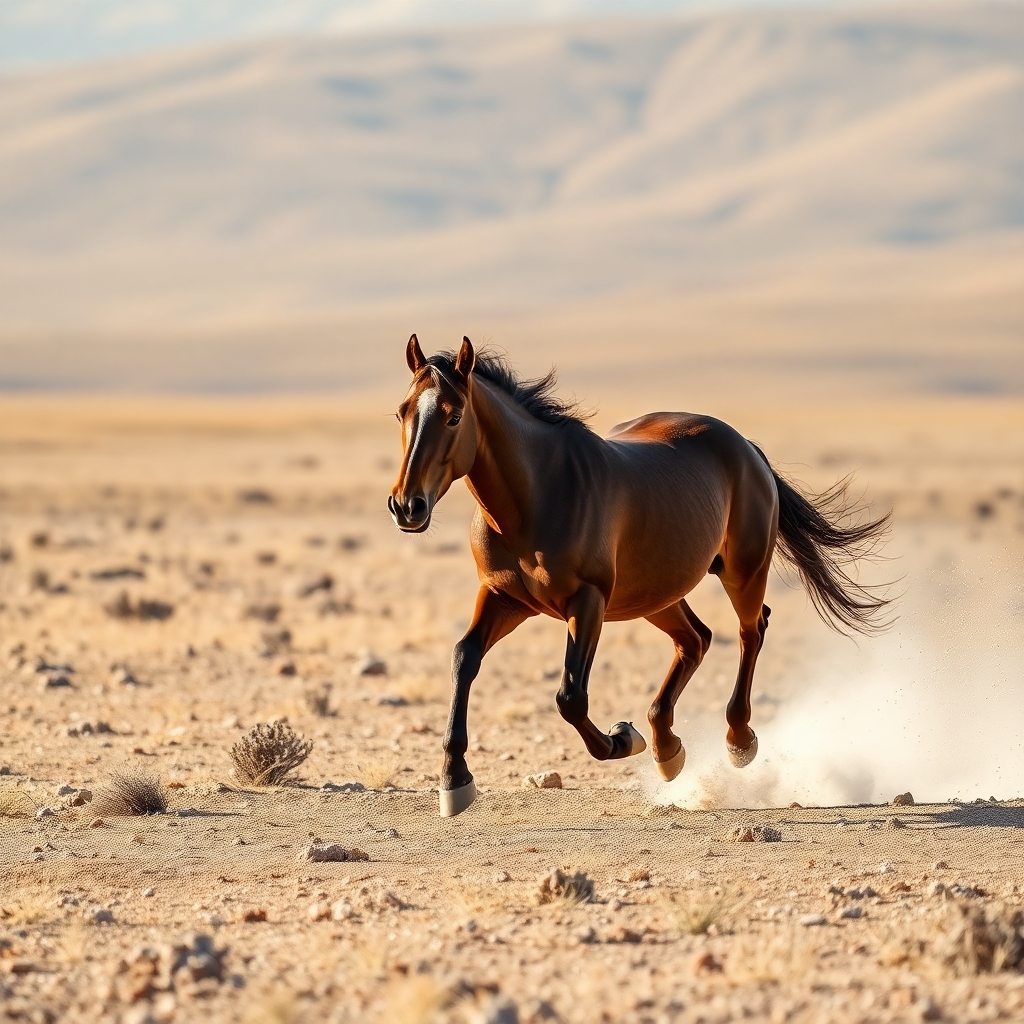 Wild horse running across open plains with dust in the air, morning sunlight