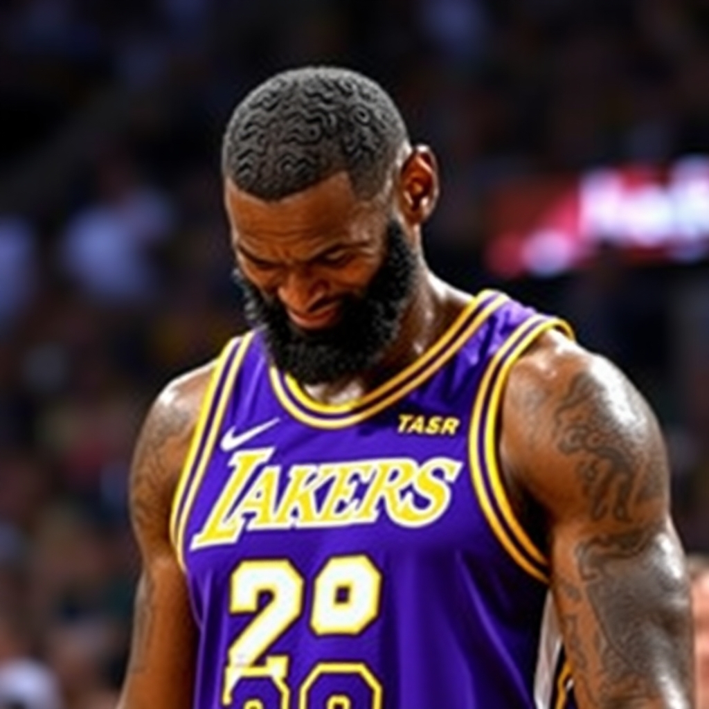 lebron James crying in a Lakers uniform