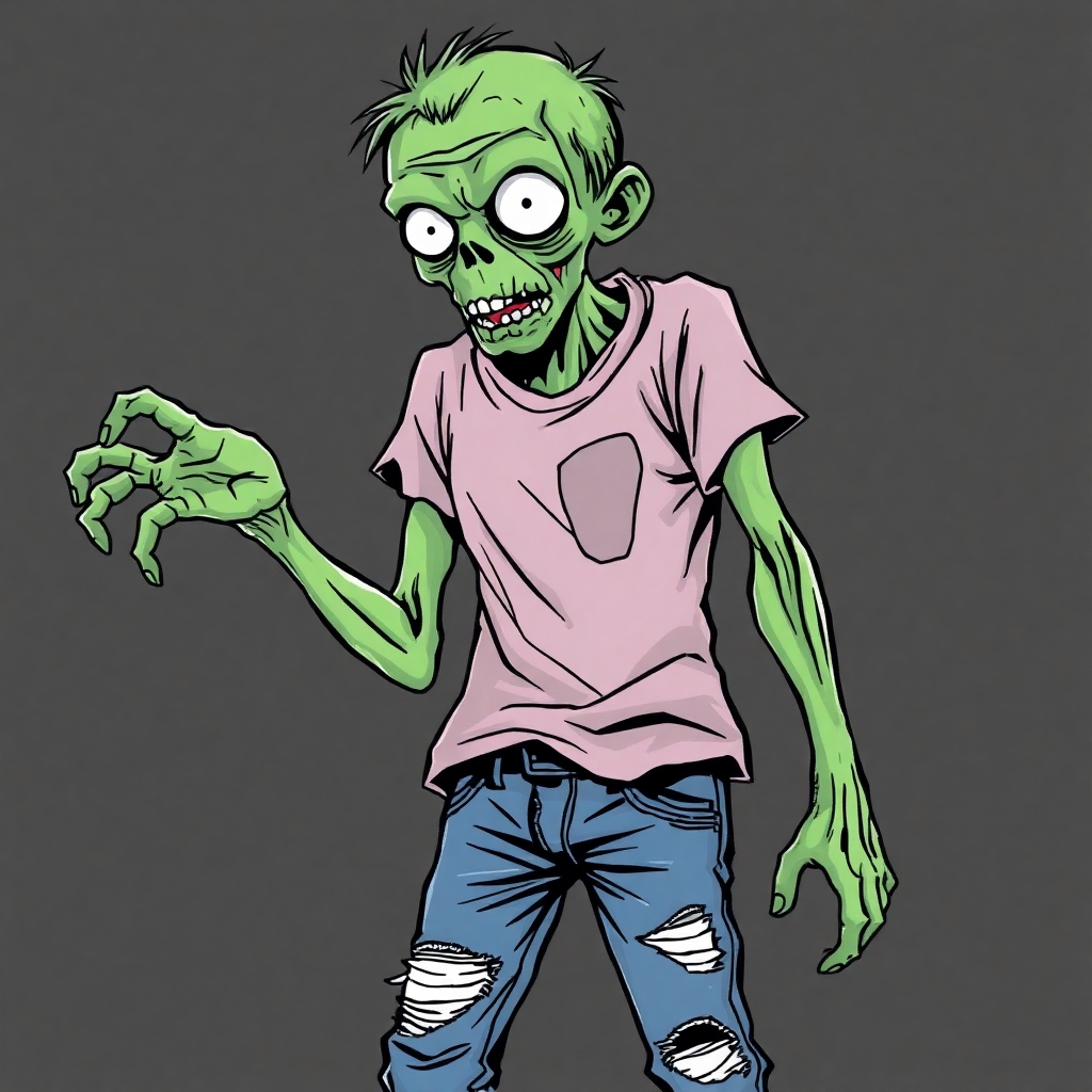 A drawing of a zombie with green skin, big eyes and skinny arms and legs wearing torn jeans and a worn T-shirt