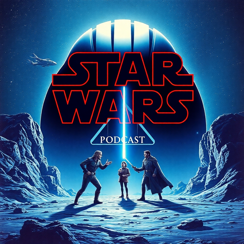 image for podcast episode art evoking Star Wars and, to a lesser degree, other 1970s science fiction movies like The Omega Man, Alien, Westworld, Logan's Run, A Boy and His Dog, Sleeper, etc. (don't use any words or type)
