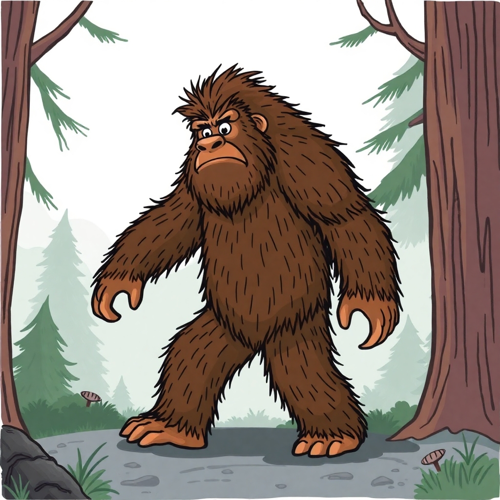 please create a cartoon drawn picture for a children's book of the following: Bigfoot or Sasquatch.  Big, strong and hairy, but make him cute and more likable for a 3-7 year old child.