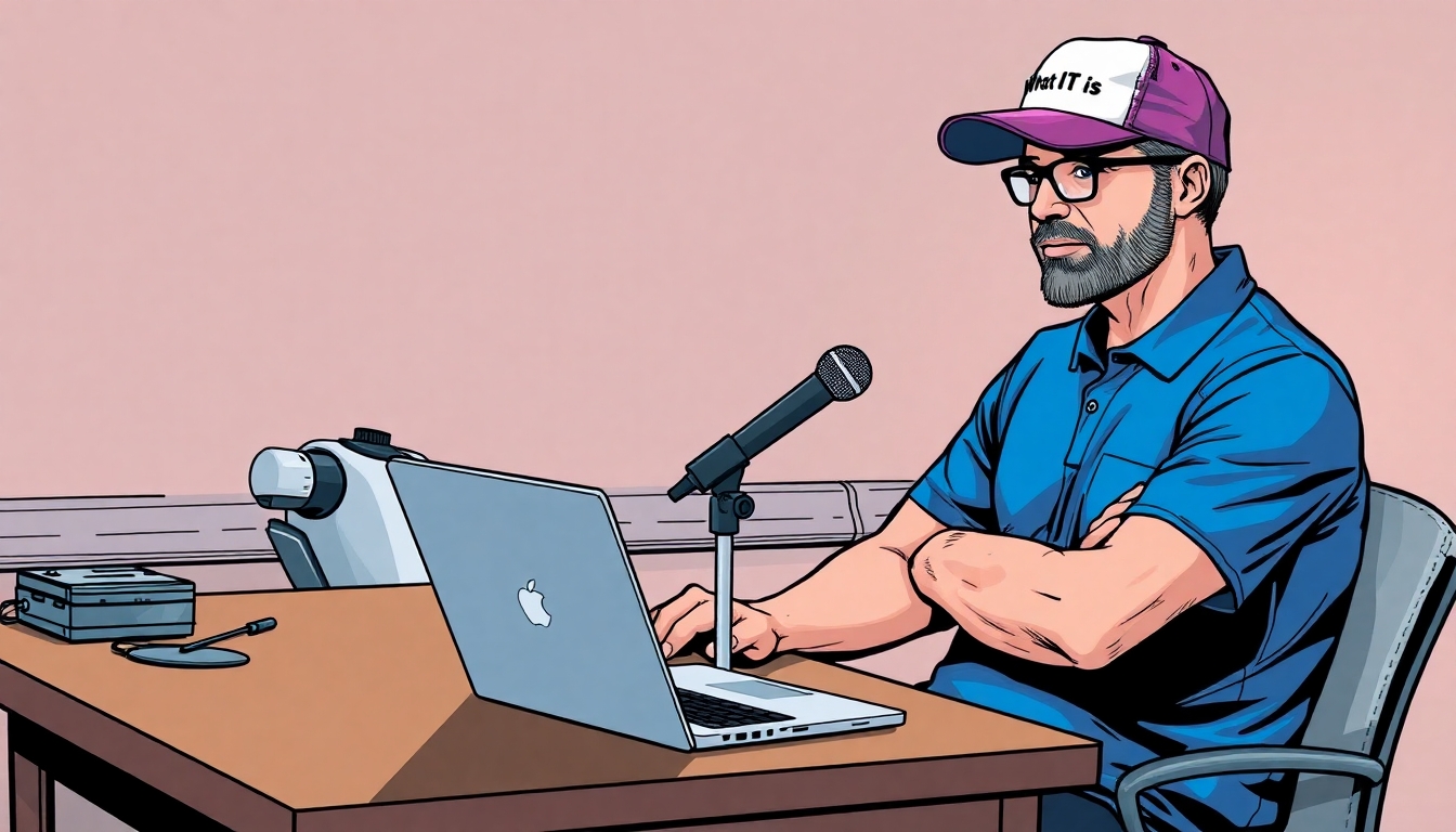 Dr Andrew Huberman sitting a table with a microphone and laptop in front of him. Sitting across the table from him is a robot that is wearing a blue polo shirt, glasses, and a baseball cap with "What IT is" written on it.