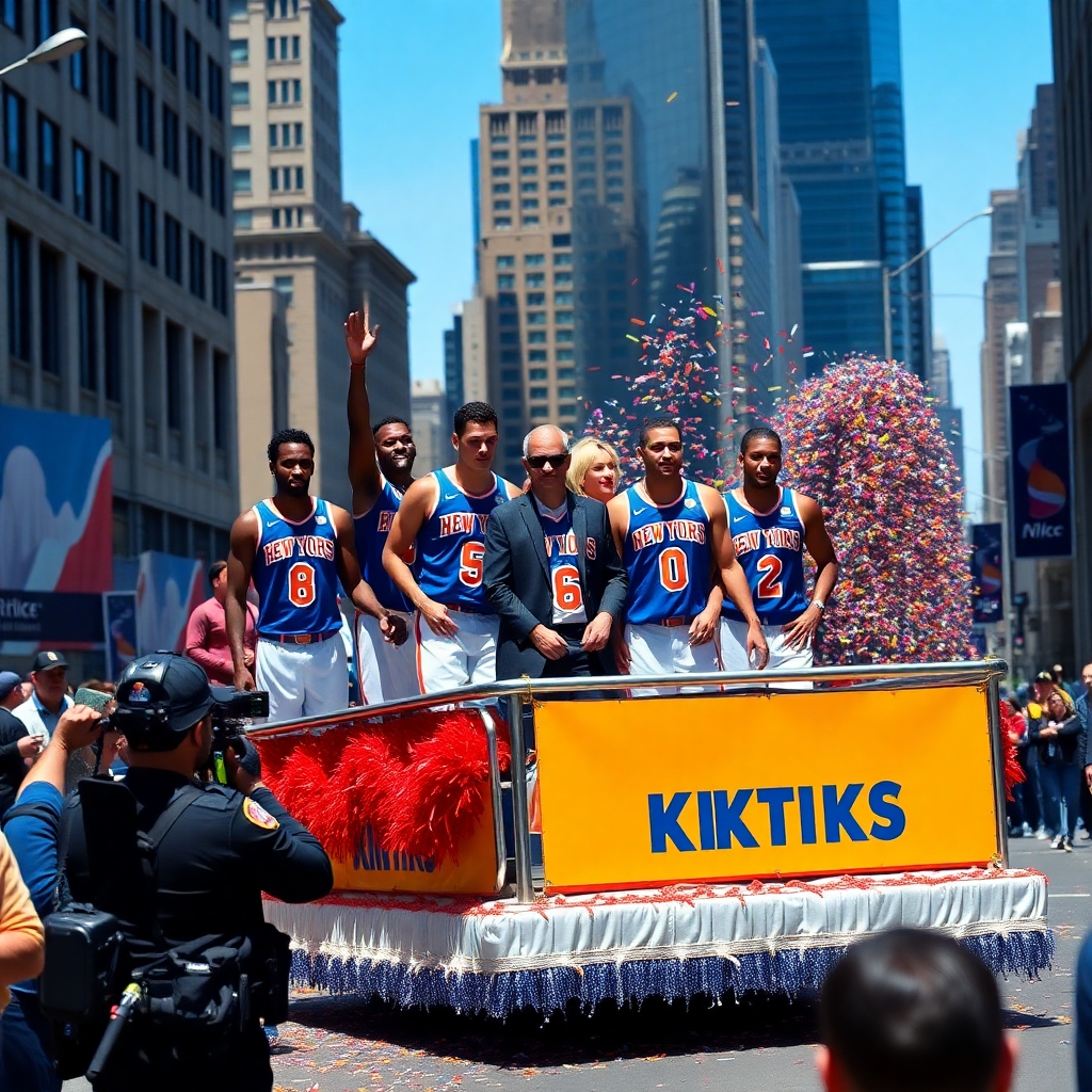 It is parade day in NYC. The basketball team is on the float. They are going the street. There is confetti everywhere. The public is watching on the side. Police are there for safety.  It is sunny. Camera crews are filming for broadcast. The team name is Knicks. The team owner is in the center between the players. Numbers on the players are 11, 8, 15, 21. Madonna is on the float.