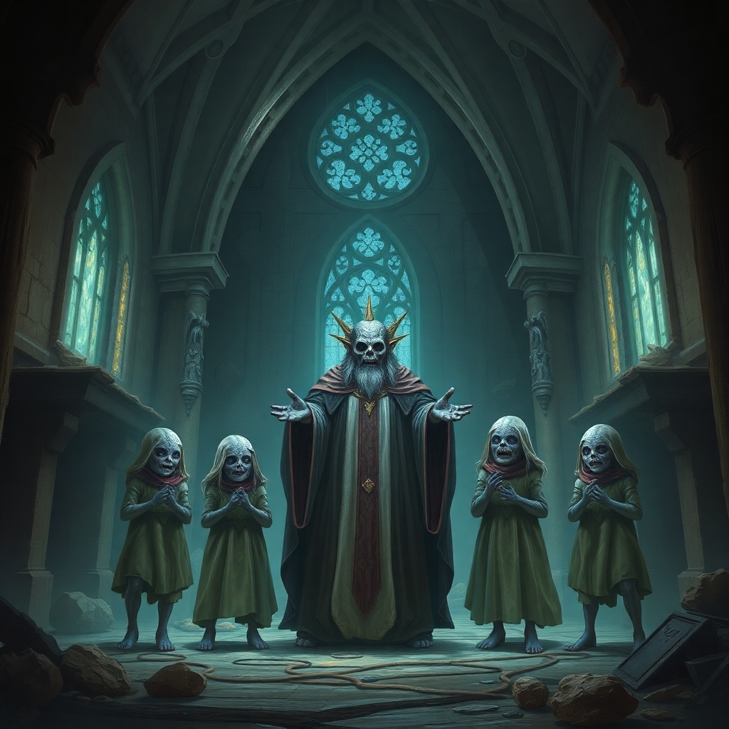 A mutant Choir Master and four mutated choir children in a ruined chapel in the city of Mordheim