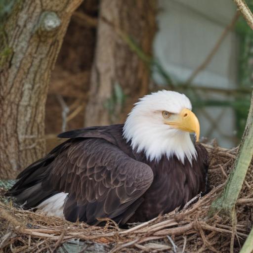 cute bald eagle lying in its nest and sleeping