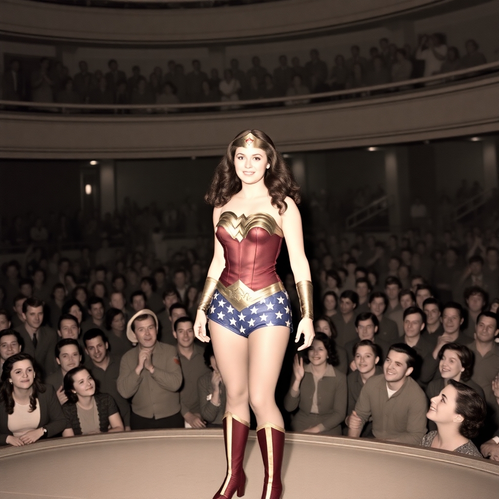 Sydney Sweeney as Wonder Woman, standing onstage at a large USO Show during World War II, cheered by an appreciative crowd of GIs.