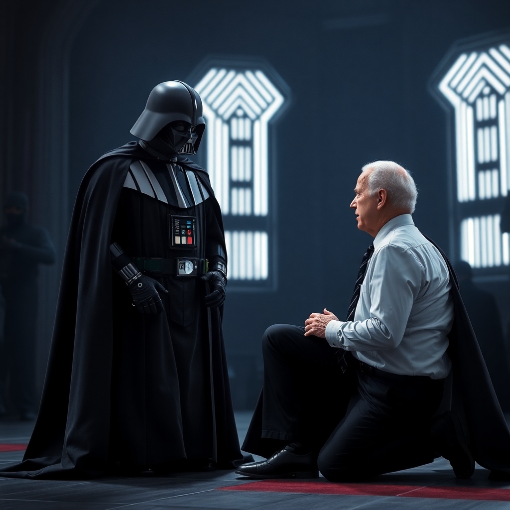 Joe Biden kneeling before Darth Sidious in a Darth Vader like costume, but no helmet.