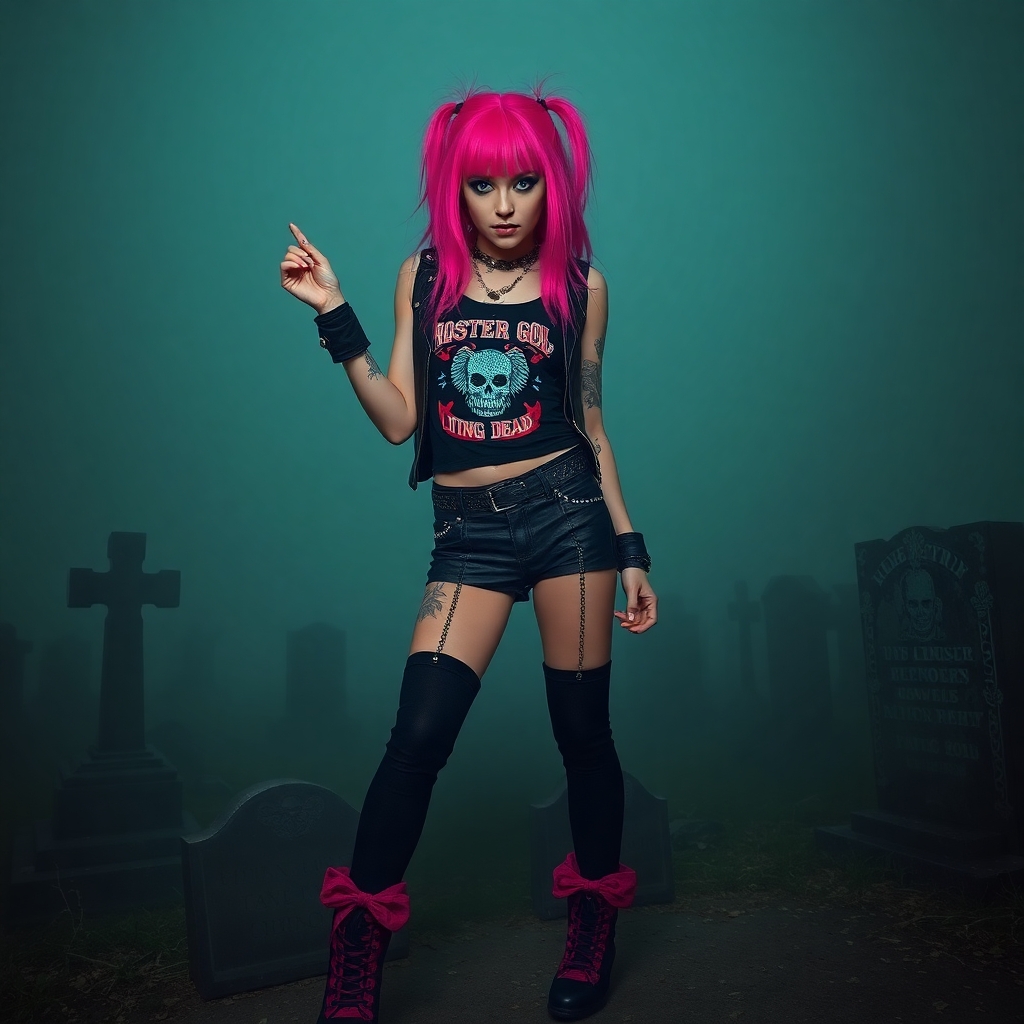 Create a photorealistic image of a punk-inspired girl with bright hair and dramatic makeup, wearing leg warmers and dancing confidently in a foggy, cemetery-like setting, inspired by the character Trash from Return of the Living Dead.