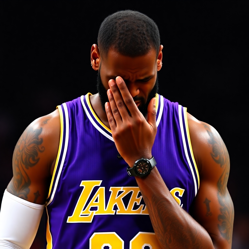 lebron James crying in a Lakers uniform