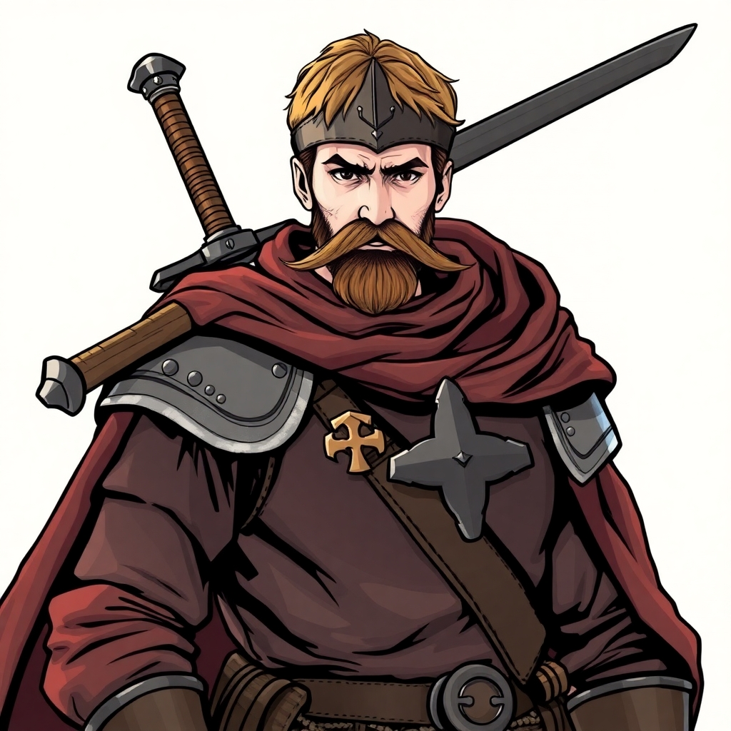 A warhammer fantasty Knight of Ostermark. Young and dressed in clothing similar to that of the Holy Roman Empire. He is carrying a long Flamberge sword over his shoulder. Drawn in comic style. He should have a goatee and long moustache..