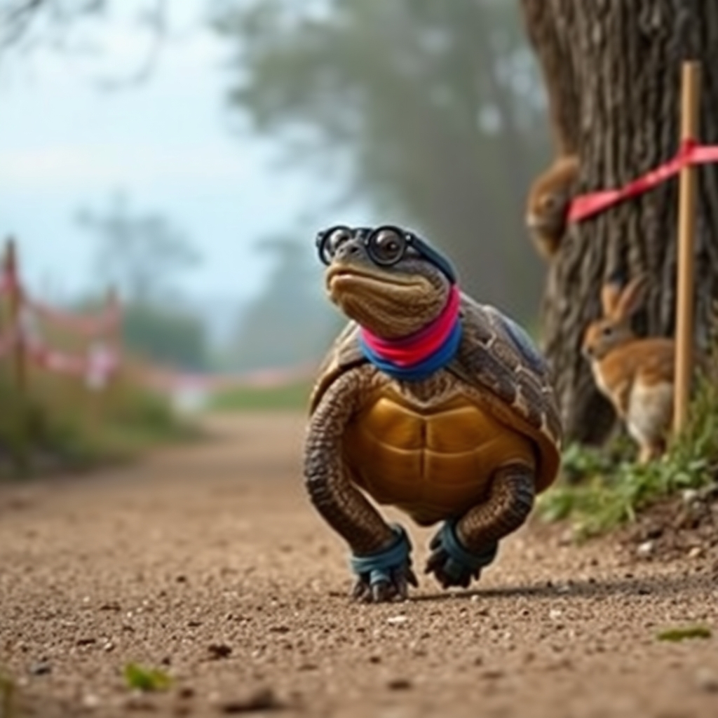 A turtle wearing running shoes, glasses, and a sweat band around its head, straining to cross the finish line, walking down a dirt path toward a finish line. In the background is a hare, leaning against a tree, asleep