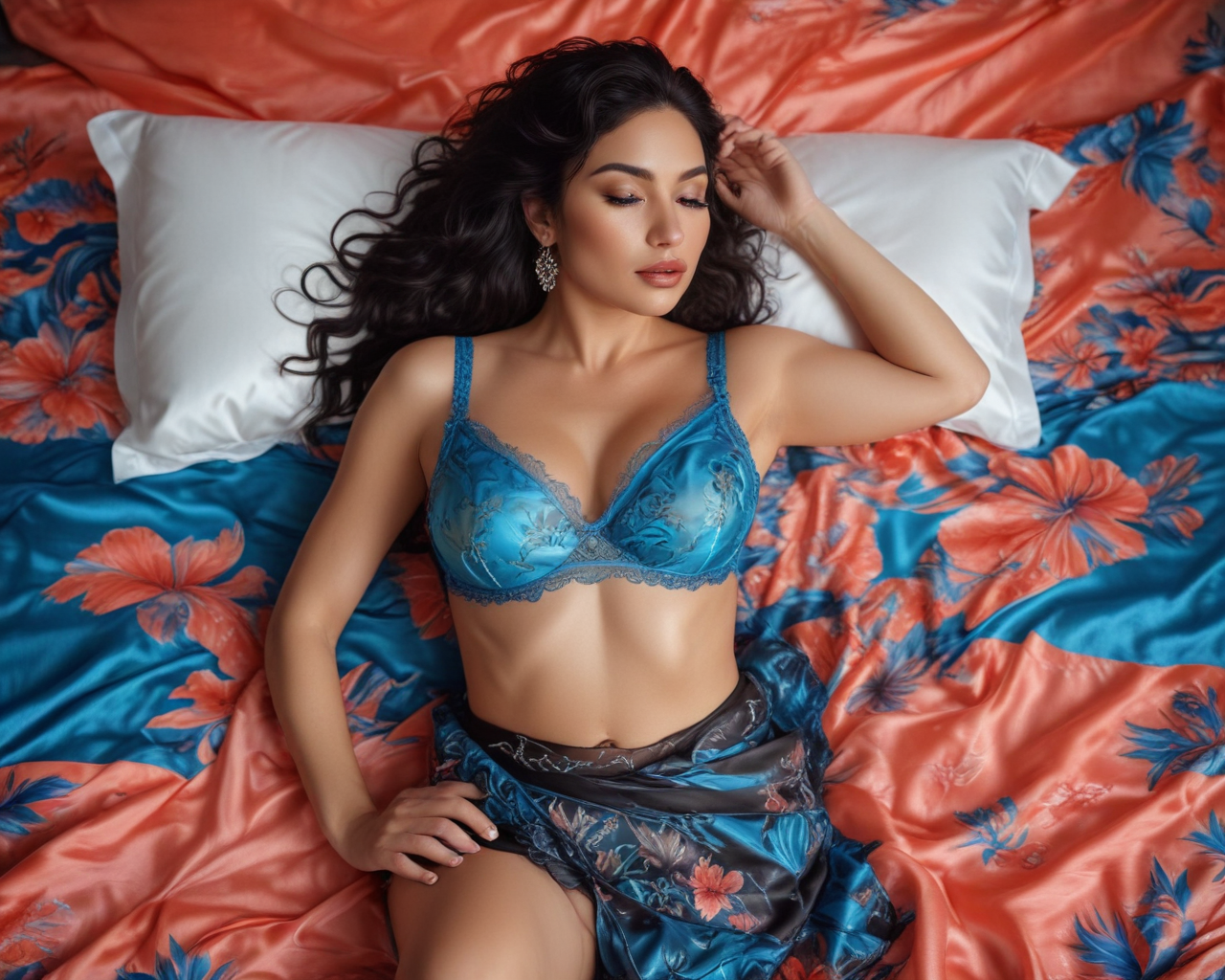Gorgeous mid-thirties in age, female Mexican artistic model with long black waves reclining painterly on silk bed like Latin American art, warm tropical painterly light, wearing coral blue transparent lingerie inspired by art, artistic tropical makeup, muse inspired expression, hyperrealistic 8K fine art photography, overhead composition showing artistic full physique, warm tropical artistic illumination. Her one hand is between her legs just barely covering her private area, the other is running through her hair.