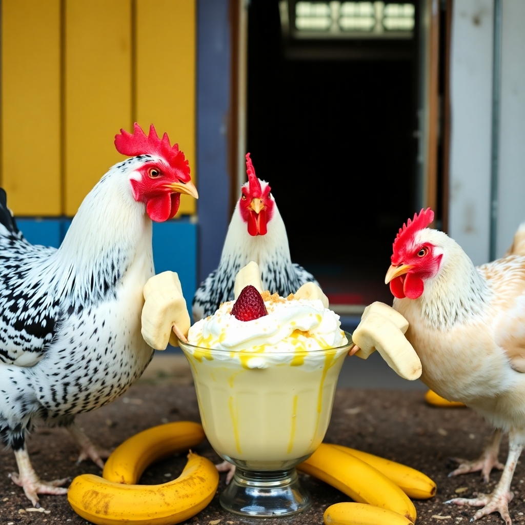 chickens eating banana splits