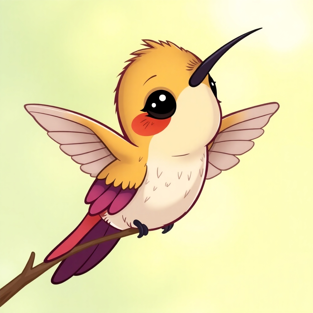 Please create a cartoon drawing  a very weak looking hummingbird.  Make her look very sad but likeable for the reader of a children's book.
