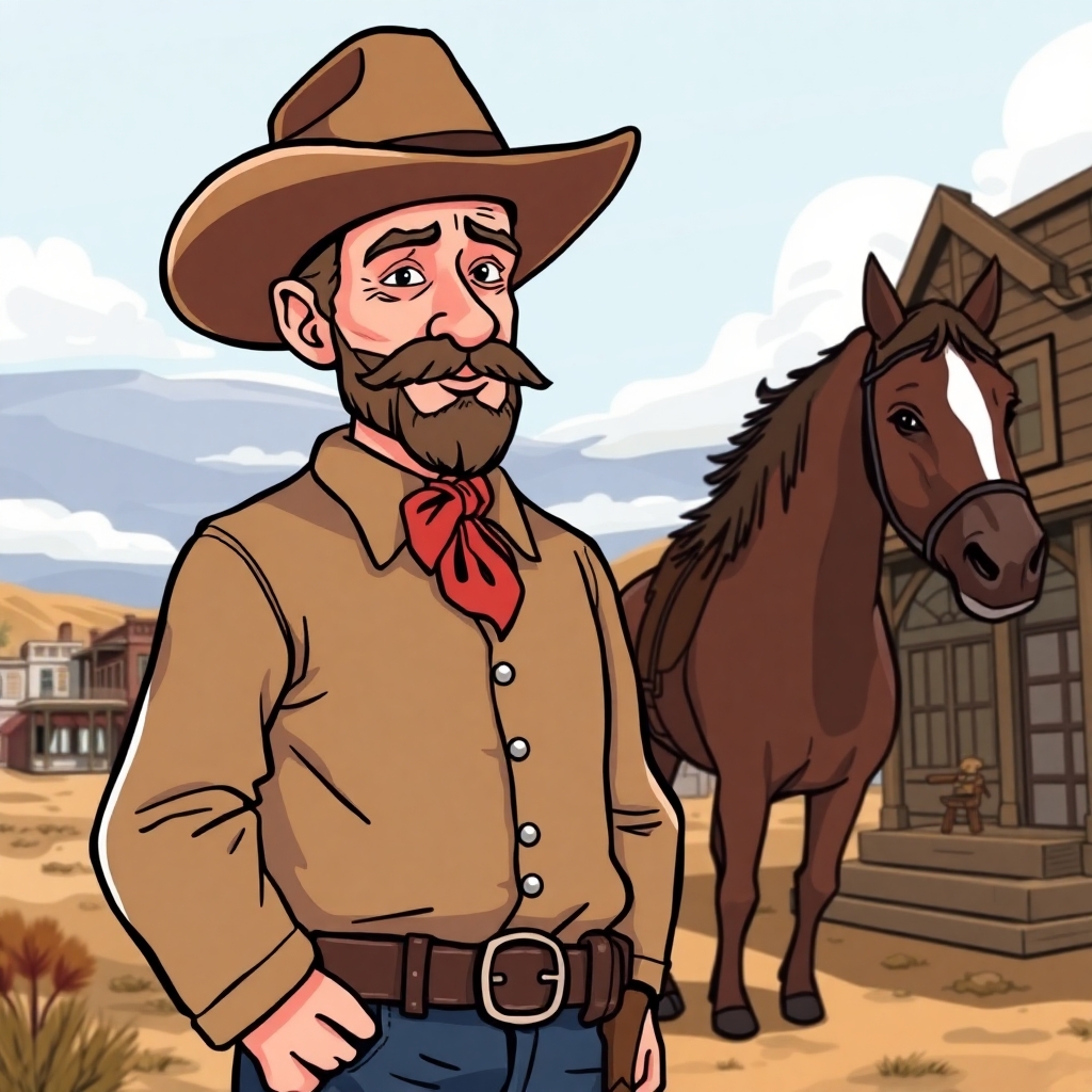 Create a cartoon drawing of sheriff Wyatt Earp in Dodge city in 1875