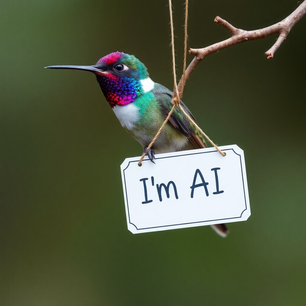 Professional photograph ruby throated hummingbird perched on a branch, a sign hangs from which has “I’m AI”, high detail, abstract background