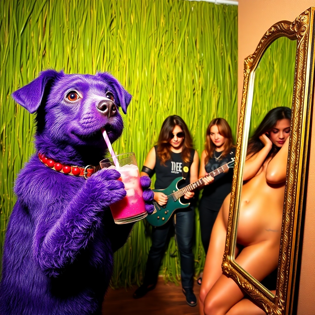 Purple Puppy drinking grape fruit juice, hanging out with the rock band Creed, in front of a grass curtain, a large vagina, and a mirror