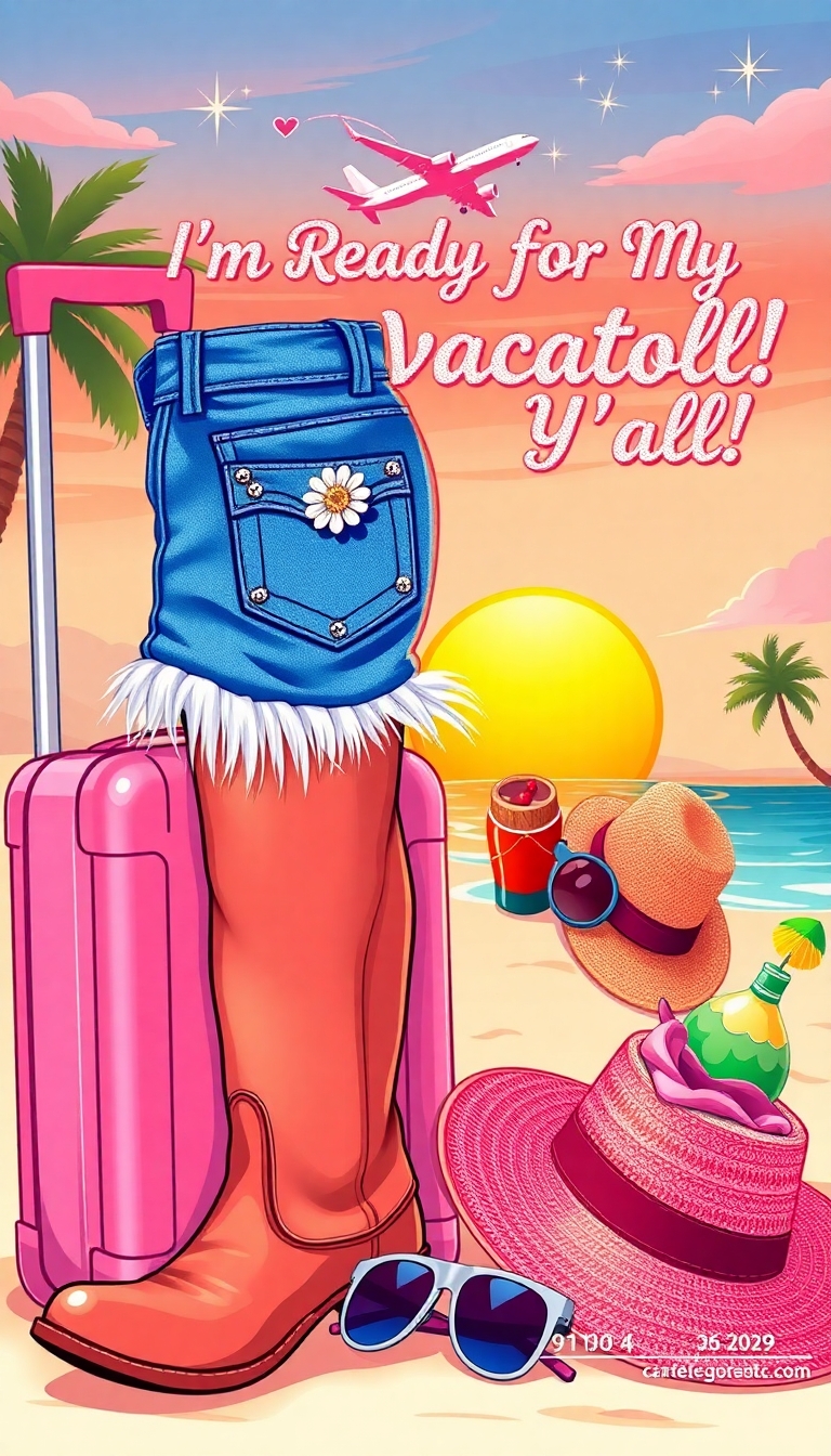 fun and colorful vacation poster in a retro-meets-Western style. A pair of frayed denim Daisy Dukes with rhinestone studs and a daisy flower on the pocket is draped over a cowgirl boot resting beside a pink rolling suitcase. The background features a sunset beach scene with palm trees, sparkles in the sky, and an airplane leaving a heart-shaped smoke trail. Nearby, a wide-brimmed cowgirl hat rests on a beach towel, next to a coconut drink and cat-eye sunglasses. Text in glittery retro lettering says: ‘I’m Ready for My Vacation, Y’all!’. The color palette includes soft pinks, golden oranges, denim blue, and hints of turquoise. Style is playful, feminine, and perfect for a southern summer escape.