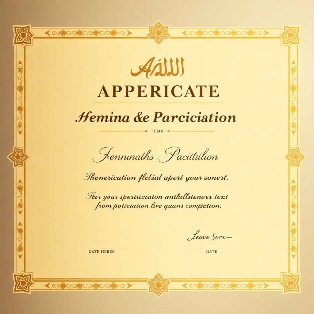 Vertical A4 format certificate of appreciation for female participants in a Quran recitation competition. Elegant and professional Arabic-style design, with Islamic geometric patterns as border decorations. Golden and beige color palette. Soft studio lighting and clean vector style. Inspirational and formal mood. Leave space for participant's name, date, and signature. No internal text, just the visual layout.