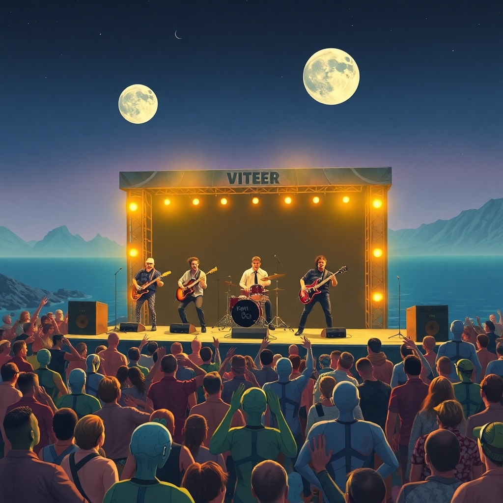 a funny looking rock band 5 guys onstage 2 are drummers there is a large stage. it is nighttime on a different planet with 2 moons. we can see the ocean in the distance and mountains. there are humans and aliens and androids in the crowd and everyone is n=dancing, bobbing heads, jumping and going generally crzy