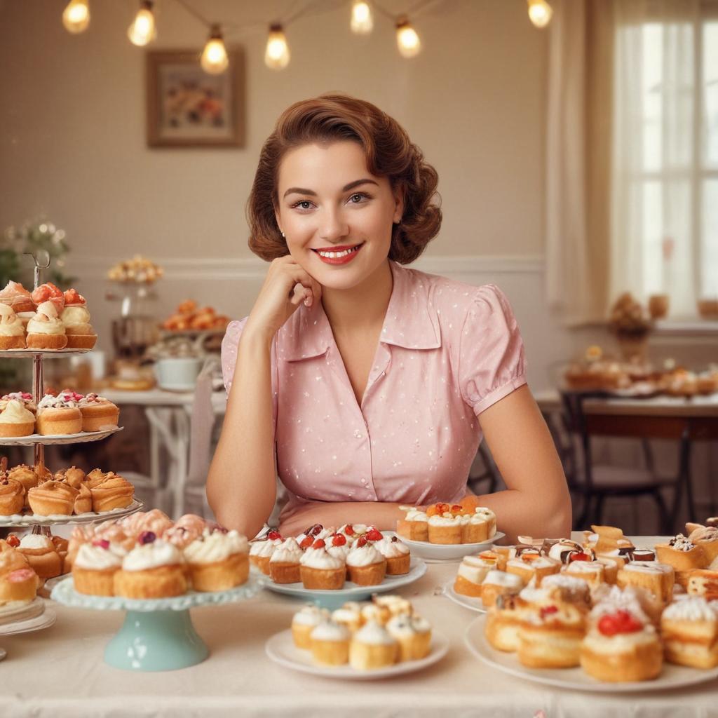 1950s style cheerful woman looking at the viewer sitting in front of a table covered with fancy pastries and cakes