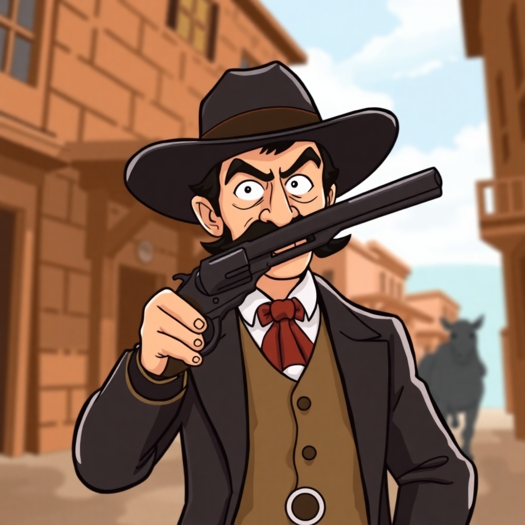 Create a cartoon drawing for a children's book of Bat Masterson in Dodge city in 1875. Make him look tough and menacing with a six shooter gun . make him with a classic western suit and black hair and a black moustache wearing a black derby hat