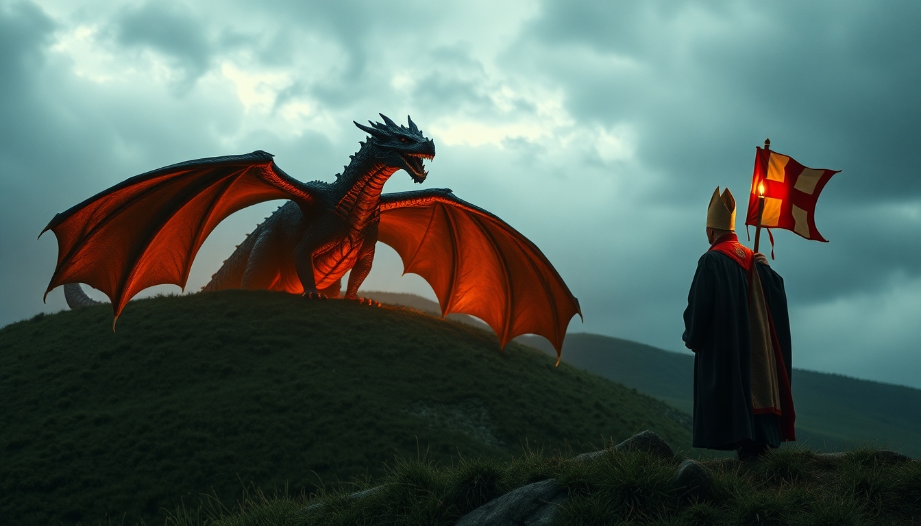 A photo realistic picture of a dragon on an English hill being banished by a protestant Bishop.