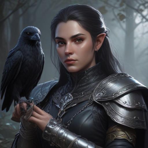 A 5E dnd character who is a half-elf cleric and warlock sworn to the mother of shadows. She wears chainmail, is slightly androgynous, and has a ghostly raven familiar.