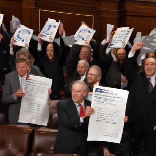 The entire US senate cheering and one of them is holding a paper with the solution to all problems