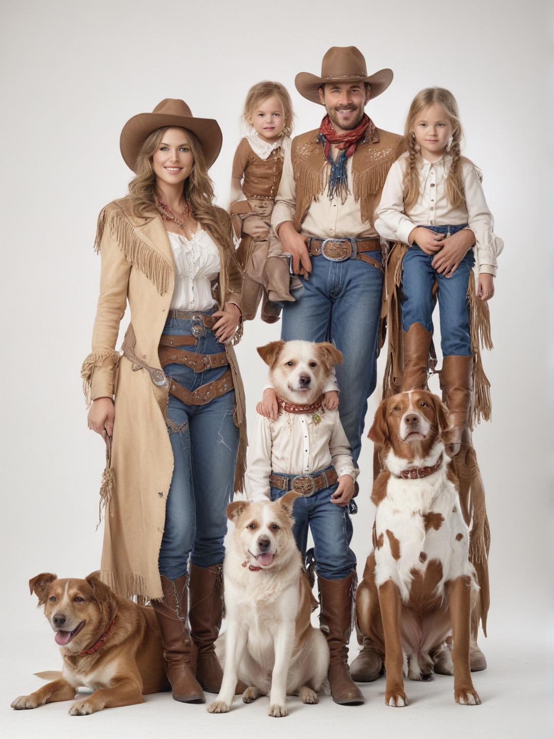 A high quality photo image of a family of four, Man, Woman, two kids, dressed as cowboys, with a dog by their side, on a pure white background