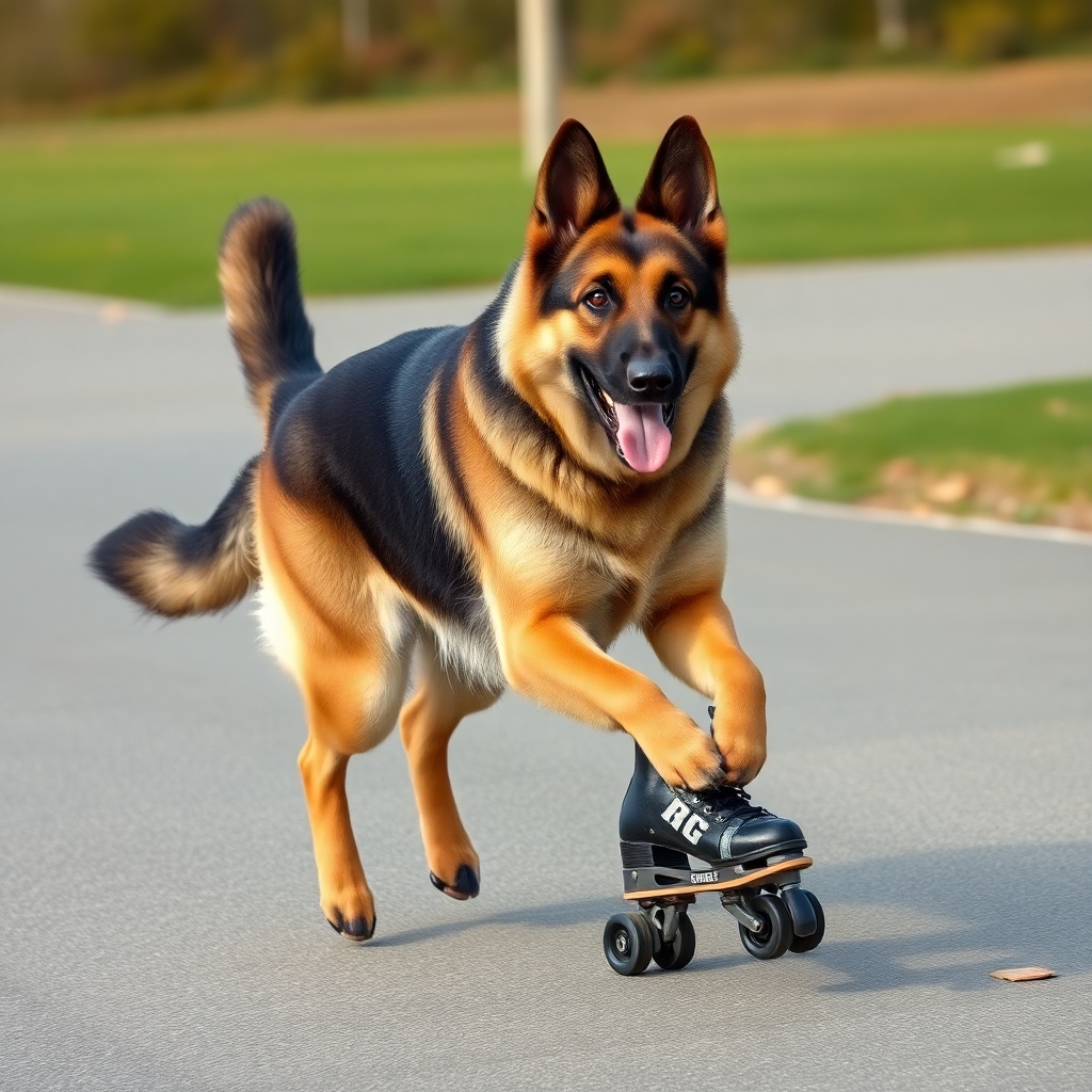 German shepherd on roller skates