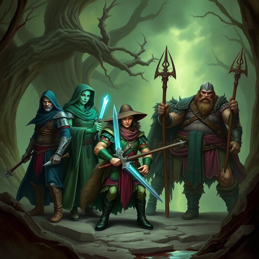 A dungeons and dragons adventuring party consisting of: An elven rogue/bard, a half-elf cleric/warlock, a half-elf sorceror/warlock, a dwarven ranger, and a goliath barbarian/paladin.