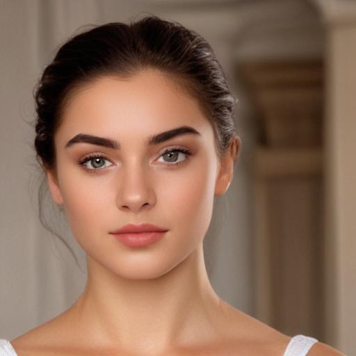 A radiantly beautiful young woman with a healthy, strong physique - not thin or gaunt, but rather showing the ideal Greek form with graceful curves and athletic strength. Her face is classically beautiful with full cheeks, warm-toned alabaster skin that glows with vitality, and harmonious features. Her gray eyes are large and expressive, set beneath gracefully arched brows. Her golden-brown hair is thick and lustrous, partially styled with a bronze band, with healthy waves falling past her shoulders. Her white chiton drapes elegantly over her well-proportioned form, highlighting her dignified bearing. She has the strong, vital presence of a goddess in her prime, embodying both beauty and authority. Her expression is stern but not harsh, wise but not aged, powerful but not intimidating