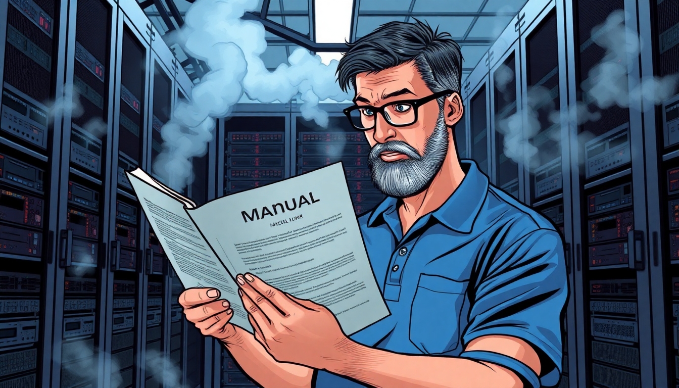 A man is frantically paging through a manual filled with blank pages while standing in front of a huge rack of computers in a data center with smoke coming out of the racks. The man has black hair and a thin beard, both of which are turning grey. He has tan skin. He is wearing glasses and a blue polo shirt with a pocket.