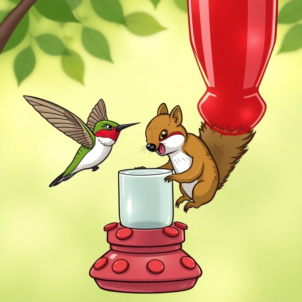 Please create a cartoon drawing of an angry hummingbird chasing away a squirrel who is drinking from a hummingbird feeder