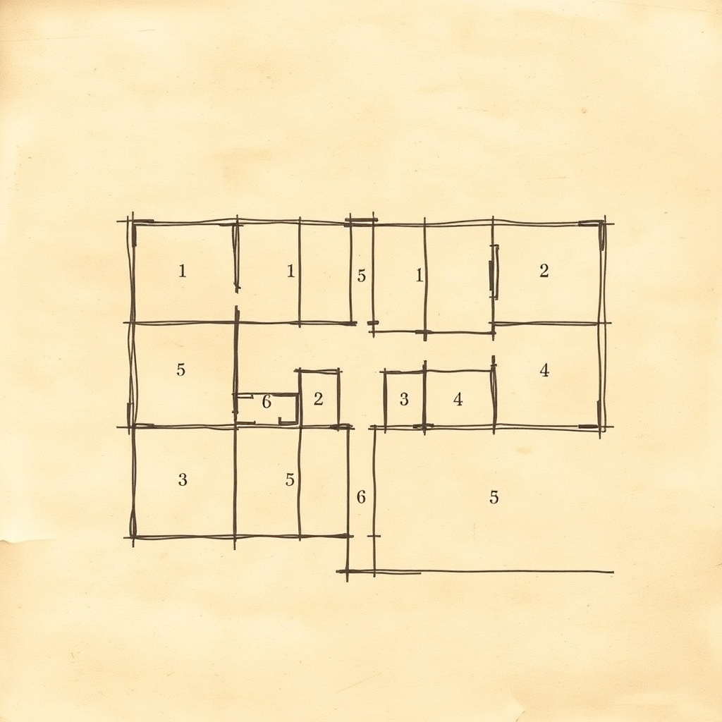 A simple floorplan map with rooms and halls drawn on a scratch parchment paper and labeled with numbers in handwritten script.