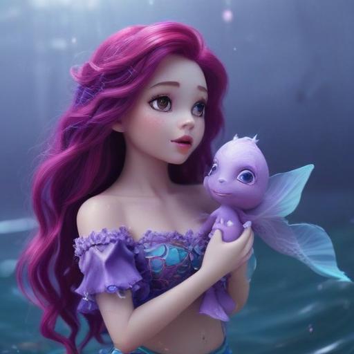 A little mermaid with purple skin and holding a melody doll