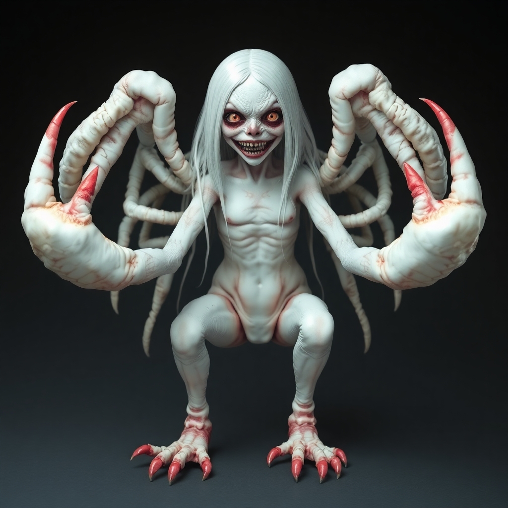 Create a scary albino girl with lobster claws instead of hands, rooster feet and legs instead of human ones, snake eyes instead of human ones.