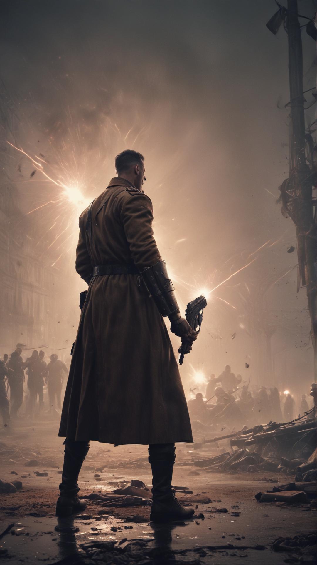 A human barbarian with a laser gun shooting Nazis in paris - large wide scale view showing the Nazis being shot - 1080x1920