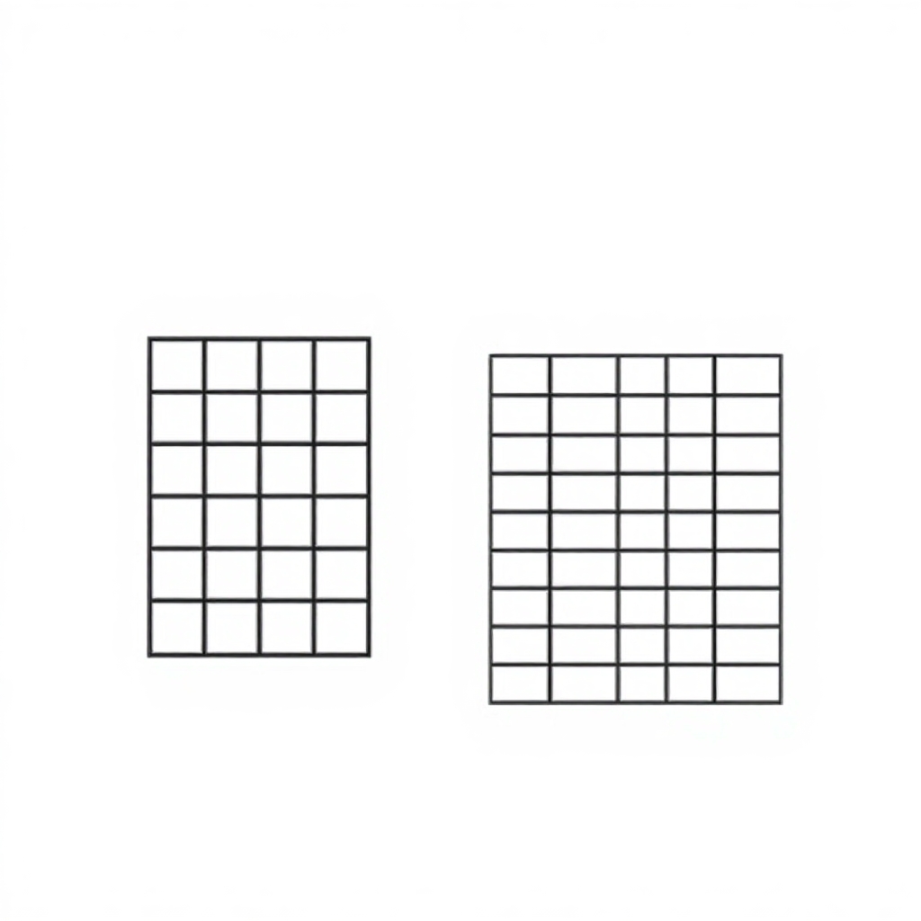 Create black and white image with two grids of total equal area; one with a 10 x10 grid and the other with a 20x20 grid with no shading