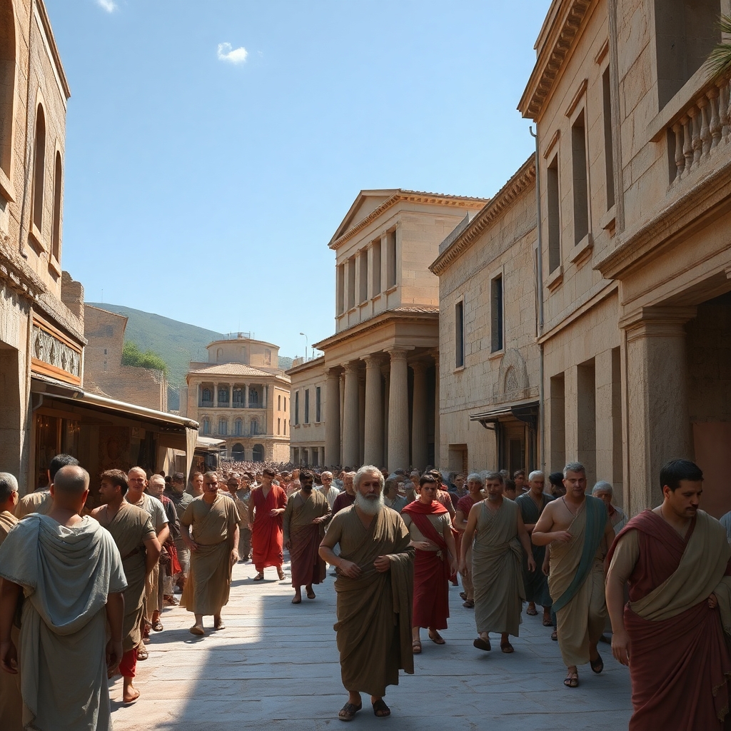 a photorealistic picture of inside the busy streets of ancient Greece city during the time when Aristotle lived with people in period clothing