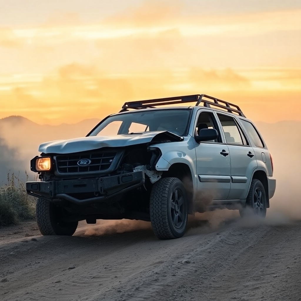 Car damaged after going off-road in mountainous area with dust and smoke, sunset lighting