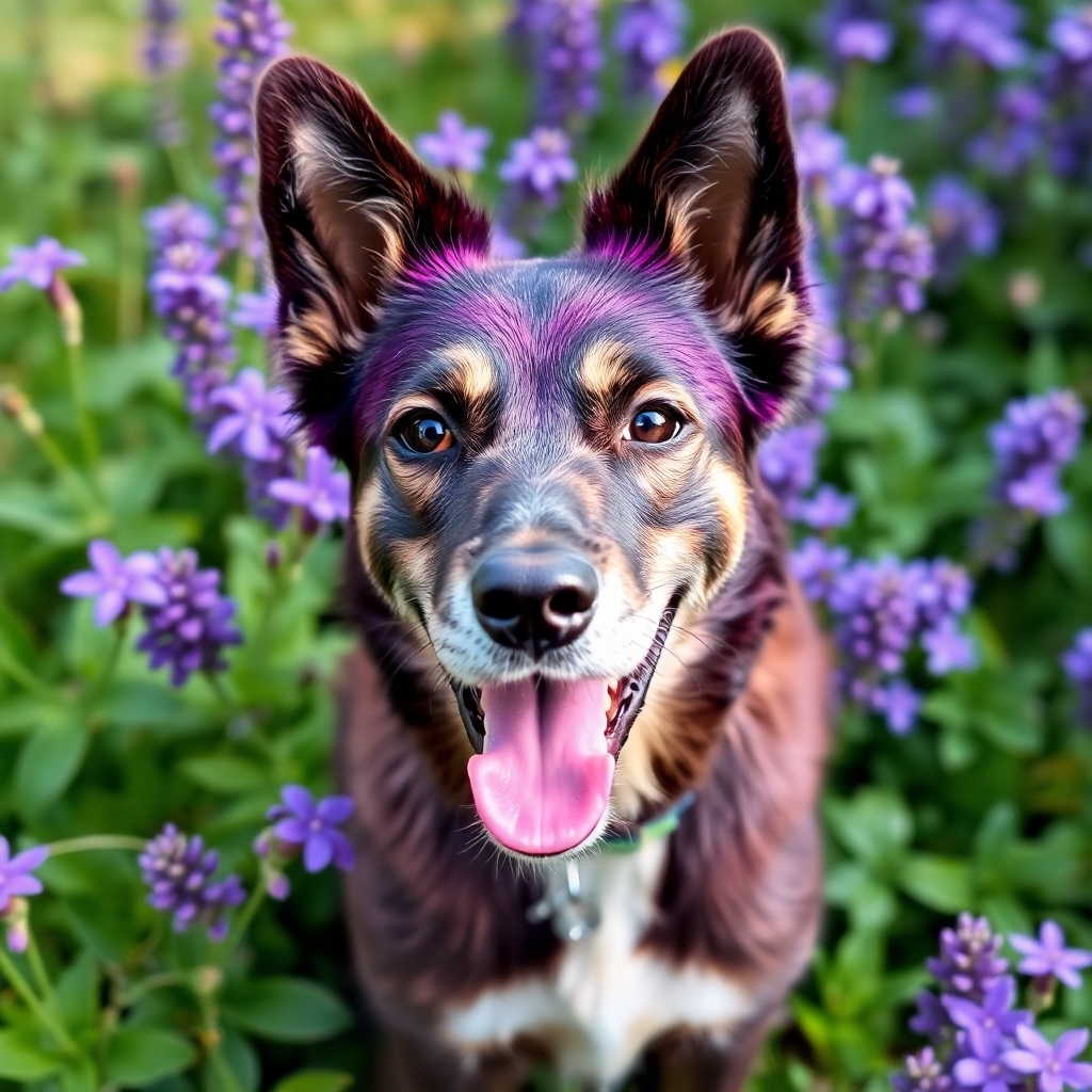 Purple dog with purple flowers