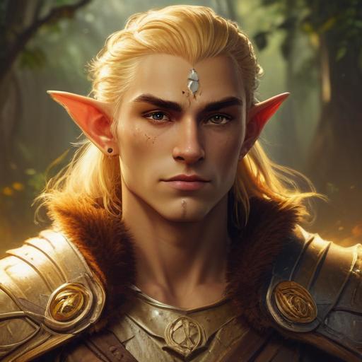A fifth-edition dungeons and dragons characer who is a young male eladrin druid with golden, slightly glowing skin, a low strength.