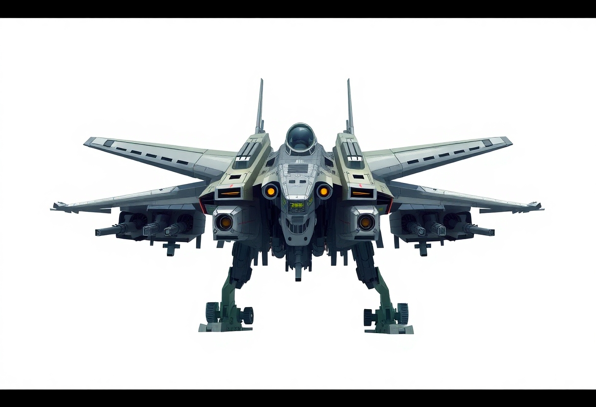 Chinese, Chengdu J-20 style, anime, laterally symmetrical, Macross Valkyrie, Gerwalk Mode, with arms & GU-11 Gun Pod,on a white background. No Multiple cockpits, no deformed legs