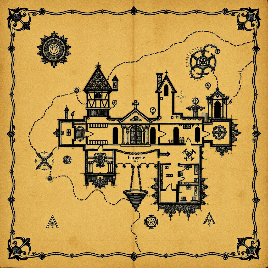 An ancient a weathered map of a gothic estate from the Metzinger family. The map should include secret doors, traps and secrets. The map should appear old, faded and hand drawn in a comic gothic style as if pages of an old journal. The map should be like that of a floor plan of the first floor of the mansion of estate.