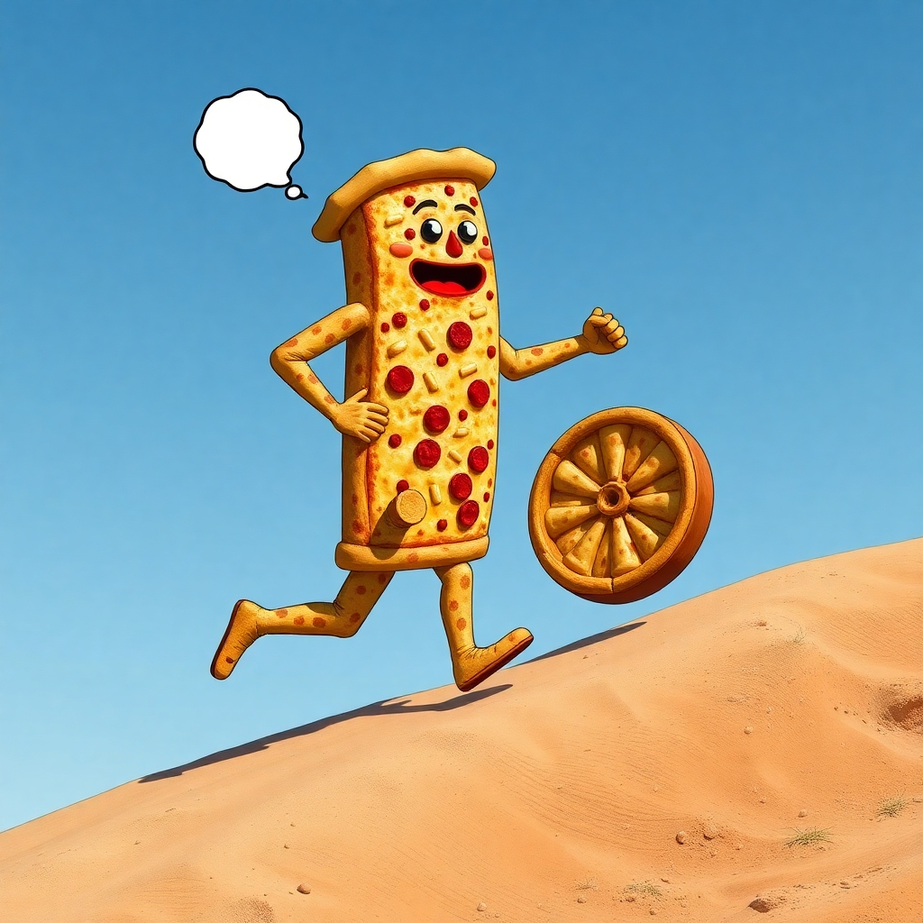 a man standing tall but made of pizza, running down a hill chasing a wheel of nacho cheese with a blank thought bubble near mr pizza's head