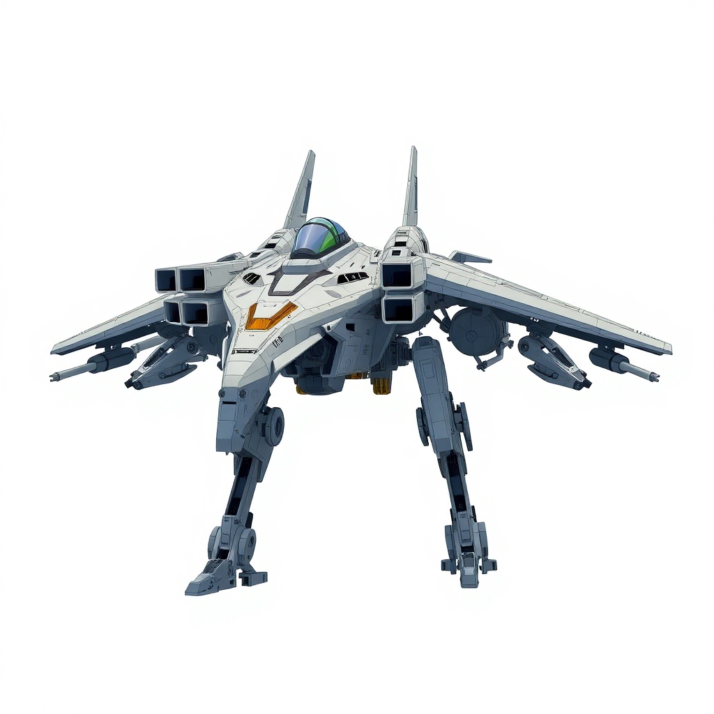 Chinese, Chengdu J-20 style, anime, laterally symmetrical, Macross Valkyrie, Gerwalk Mode, with arms & GU-11 Gun Pod,on a white background. No Multiple cockpits, no deformed legs